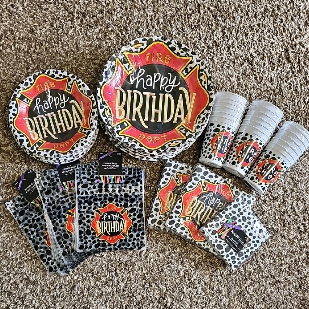 Fire Dept Child Birthday Party Supplies Set - Black, Red, Yellow, White
